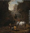 Philips Wouwerman Peasants Playing Cards by a White Horse in a Rocky Gully painting